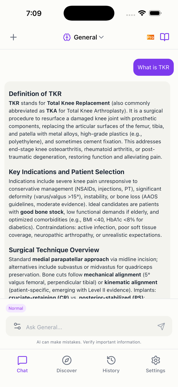 OrthoAI app answering a clinical question about total knee replacement with the General agent