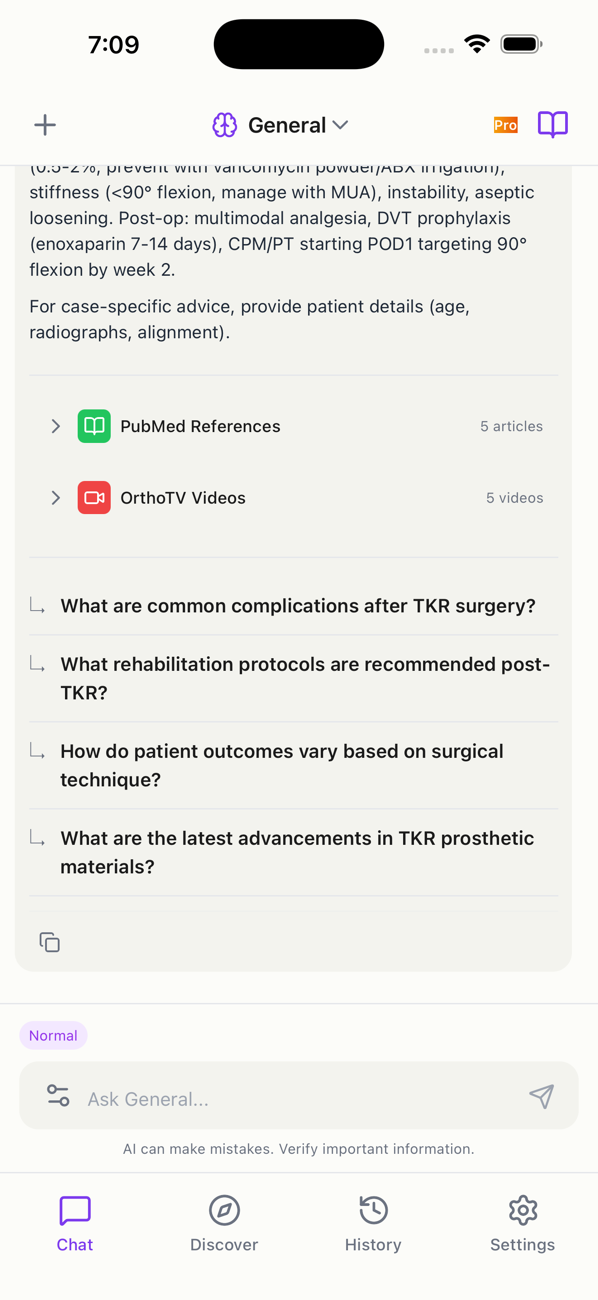 OrthoAI app showing PubMed references, OrthoTV videos and suggested follow-up questions